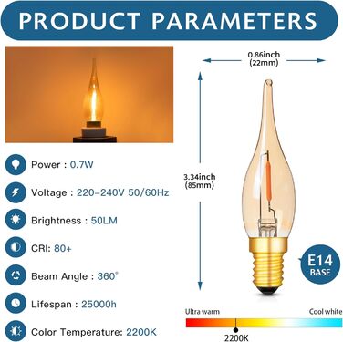 Світлодіодна лампа свічка ретро старовинна лампа розжарювання свічка лампа C22 0,7 Вт замінює 7 Вт 2200K ультратепла, 50 люмен канделябра люстра соляна лампа нічник, 220 В-240 В, 6 упаковок, 14