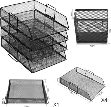 Штабельований лоток для листів Cinnani з металевим тримачем для ручок, 4 яруси, лоток для органайзера для паперу, який можна штабелювати, з настільною підставкою, папками, листами, папером, металевим лотком-органайзером для столу (чорний)