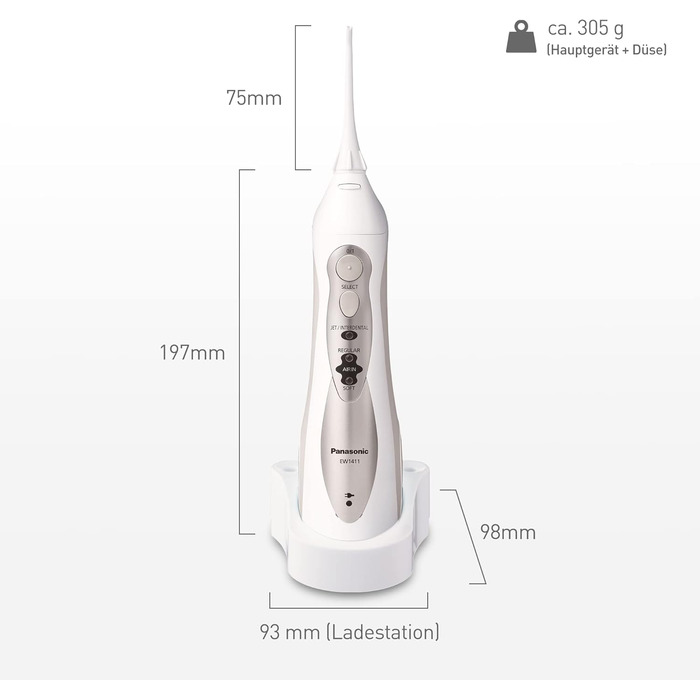 Бездротовий іригатор для води Panasonic EW1411H845 EW1411 із зарядною док-станцією, 3-ступенева інтенсивність струменя води, міжзубний режим одинарний