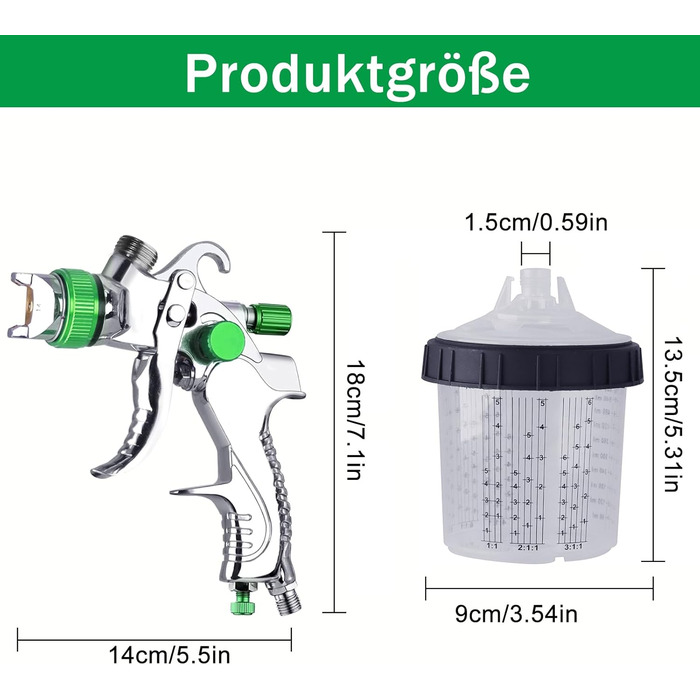 Фарборозпилювач HVLP Фарборозпилювач стисненого повітря Фарборозпилювач 3 насадки 1,4 мм, 1,7 мм, 2,0 мм Система розпилення фарби З одноразовим стаканом для змішування Містить 10 шт. 600 мл кришки та внутрішні стакани (зелений)