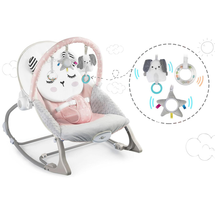 Дитяча гойдалка Nukido Baby Bouncer з музикою - Металевий каркас і міцний пластик - Замок-гойдалка - Вібраційна система - Додаткова іграшка Montesorri - 48 x 62 см - (Рожевий)