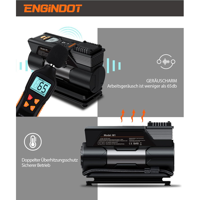 Повітряний компресор ENGINDOT 150PSI, насос для шин 12 В з цифровим світлодіодним РК-ліхтариком, електричний повітряний насос для автомобільних шин, велосипедів, мотоциклів і м'ячів, включаючи набір адаптерів Сумка для інструментів