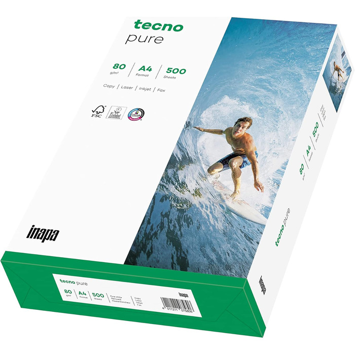 Перероблений папір Inapa Premium, папір для принтера tecno Pure 80 г/м, А4, 2 500 аркушів (5x500), яскраво-білий