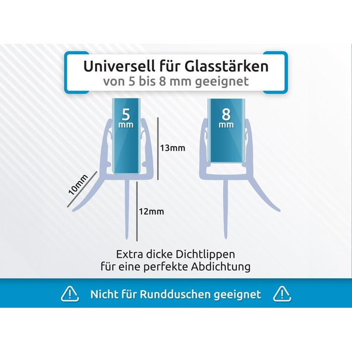Змінний ущільнювач душу Sealis - Прокладка для 5 мм / 6 мм / 7 мм / 8 мм Скляні двері Душова штора Ванна Душова кабіна Дефлектор води Ущільнювальна стрічка для захисту від бризок (пучок) (100 см у комплекті, прозора)