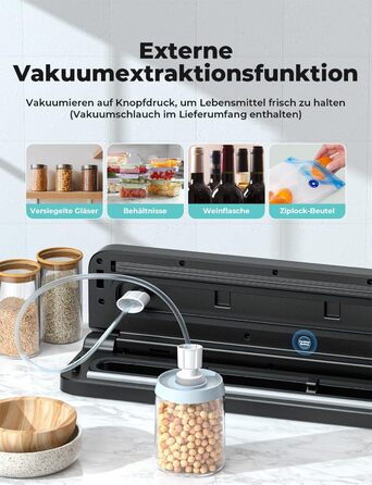 Вакуумний пакувальник Vihoom 5 в 1, вакуумний пакувальник їжі у 8 разів довше свіжий, ущільнювач з фольги, включаючи 10 вакуумних пакетів і шланг, довжина 30 см і стабільний зварний шов