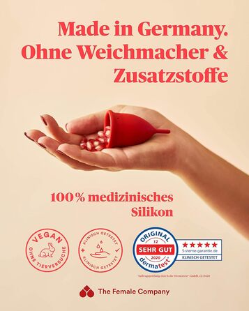 Жіноча компанія Менструальна чаша До 12 годин носіння в червоному кольорі виготовлена з 100 медичного силікону I М'яка багаторазова менструальна чаша I Made in Germany A-Cup (Ø 38 мм)