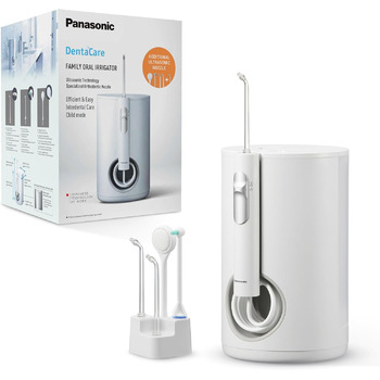 Сімейна флоссер Panasonic EW1614AW503-PACK, Іригатор для зубів, Ультразвуковий промінь, Дитячий режим, 10 налаштувань тиску, IPX7, Ортодонтія, 5 насадок, З живленням від мережі, Білий