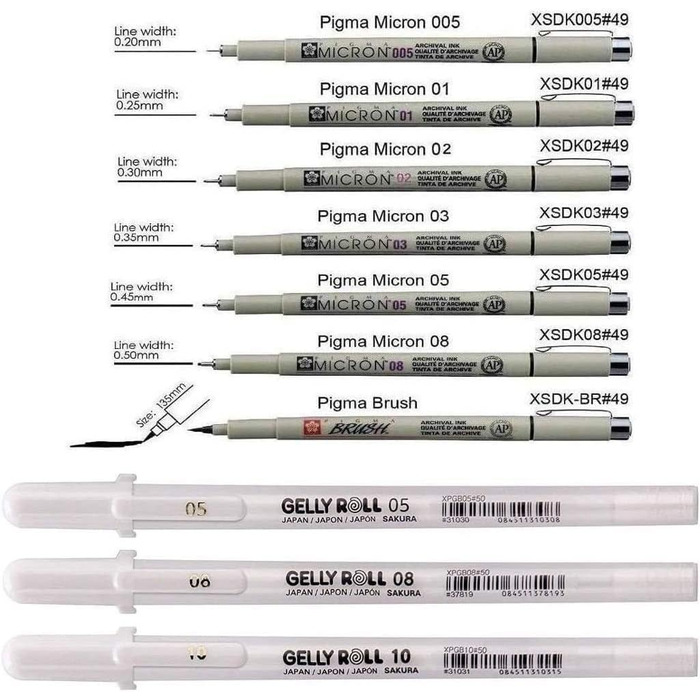 БІЛИЙ, 3 ручки Яскрава Біла в чохлі, MIX-Size 05/08/10, 7 fineliners Sakura Gelly Roll