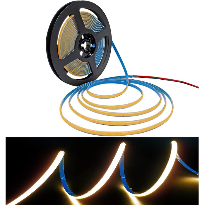 Світлодіодна стрічка Tesfish 24 В, шириною 5 мм ультратонка світлодіодна стрічка COB тепла біла 3000K 5M 480 світлодіодів/м Всього 2400 світлодіодів Неонове світло Гнучка світлодіодна стрічка для вечірки, стійки, полиці, домашнього декору