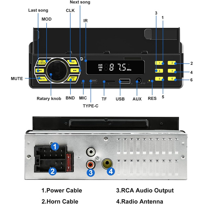 З Bluetooth, MP3-плеєр з FM-радіо, підтримка автомобільної стереосистеми 1 Din BT Hands-free/еквалайзер/керування на кермі/USB/зарядка/TF/AUX-вхід, цифровий медіа-ресивер (з тримачем телефону), 1 Din