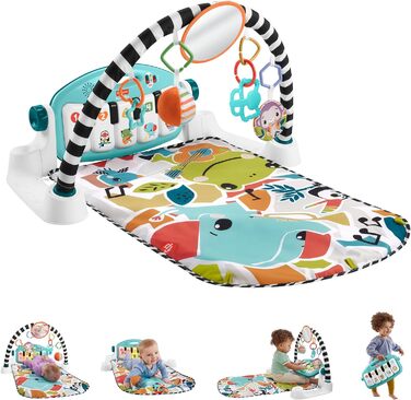 Ковдра для гри на фортепіано Fisher-Price Contrast Kick & Play для немовлят, весела ковдра для гри на фортепіано, портативна музична іграшка з навчальним вмістом Smart Stages, від 0 місяців, синій, німецька версія, HYH59