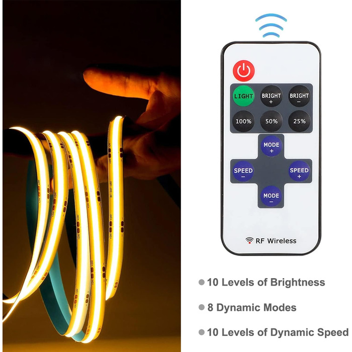 Світлодіодна стрічка KUKUMAO COB 2700K тепла біла, 24 В 5 м гнучка світлодіодна стрічка COB IP20 для приміщень, з радіочастотним пультом дистанційного керування, блоком живлення GS, яскравим світлом під шафою CRI90 для телевізора, прикраса своїми руками.