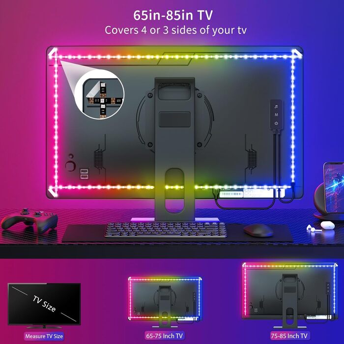 Світлодіодне підсвічування телевізора 5 м, світлодіодна стрічка RGB для телевізорів 65-85 дюймів Розумне світлодіодне підсвічування, USB LED 5050 освітлення Підсвічування телевізора Додаток для синхронізації музики та пульт дистанційного керування