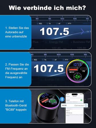 Автомобільний адаптер Bluetooth CIRYCASE, автомобільний передавач Bluetooth 5.3 FM з USB типу C PD 30 Вт і QC3.0 18 Вт, автомобільний зарядний пристрій, прикурювач для музики, 7-колірний світлодіодний дизайн, гучний зв'язок