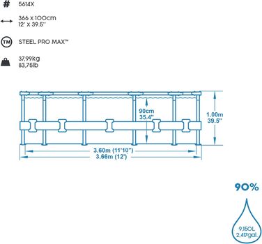 Набір каркасних басейнів Bestway Steel Pro MAX з фільтруючим насосом Ø 366 x 100 см, дерев'яний вигляд (морений дуб), круглий одинарний