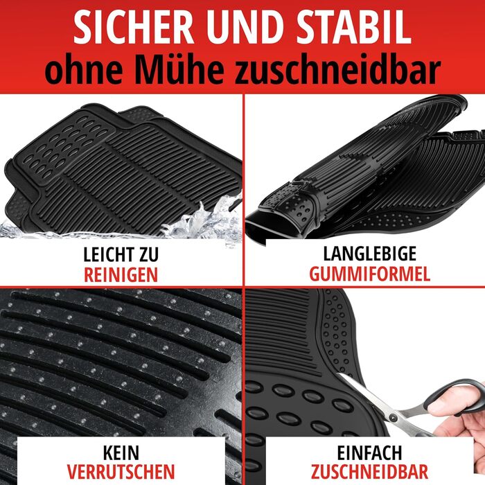 Універсальний автомобільний набір гумових килимків WALSER Spartacus, автомобільні килимки можна нарізати за розміром в 4 шт. и, універсальний протиковзкий килимок автомобіль, автомобільні килимки для простору для ніг чорний
