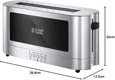 Тостер Russell Hobbs довгий слот для 2 скибочок / 1 широкий шматок хліба Elegance скло/нержавіюча сталь (надзвичайно широкий отвір для тостів, включаючи насадку для булочки, 6 рівнів підрум'янювання функція розморожування та розігріву)23380-56