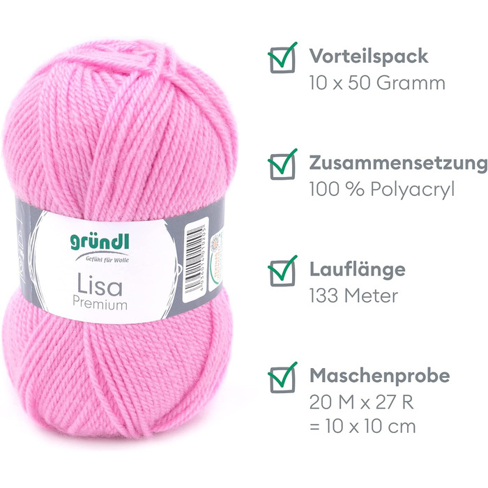 Пряжа Grndl Lisa Premium Uni Knitting & Crochet Yarn (м'яка і вовняний характер, проста в догляді миється трикотажна пряжа з 100 поліакрилу, 50 г/ 133 м, розмір голки 3,5 - 4,5, 10 клубків по 50 г кожен), (рожевий 31)