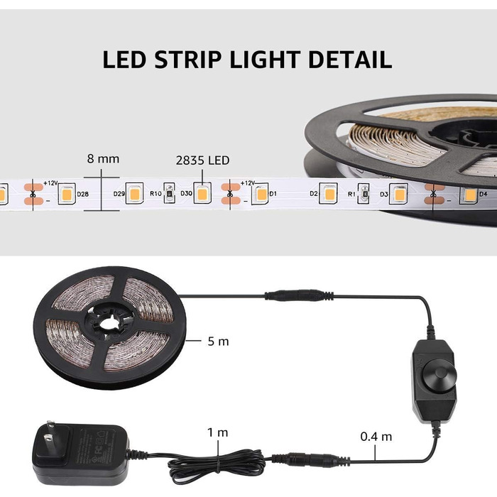 Світлодіодна стрічка тепла біла 300 світлодіодів 2 шт. и, світлодіодна стрічка 5 м, тепла біла 3000K з можливістю затемнення, 5 М світлодіодна стрічка 12 В самоклеюча, стрічка з 300 штук 2835 світлодіодів, світлодіодна стрічка з блоком живлення для прикра