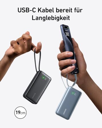 Powerbank Anker 10 000 мАг з вбудованим кабелем USB-C, максимальна потужність PD 30 Вт, USB-C, USB-A, чорний