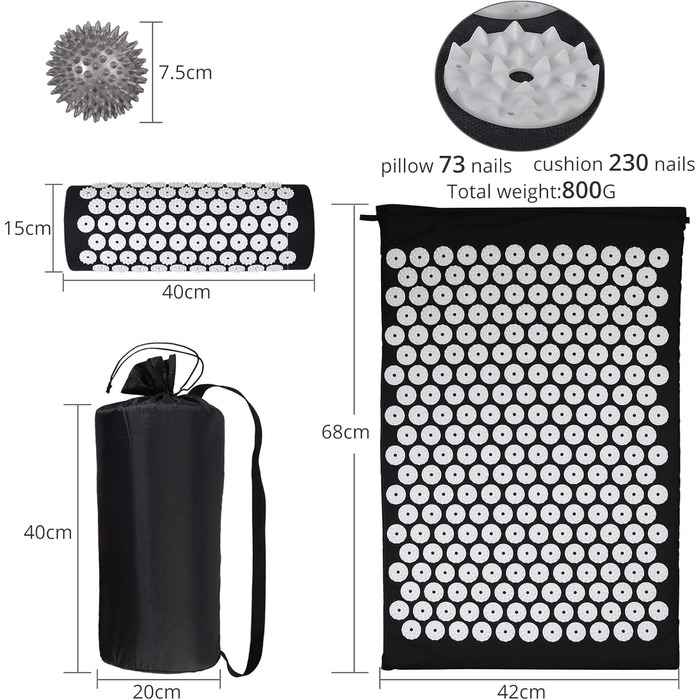 Килимки для точкового масажу VINTEAM Точковий масаж з подушкою Набір Акупунктурний килимок Подушка для точкового масажу в т.ч. подушка для шиї, сумка для транспортування, масажний килимок для самовідновлення, масажний м'яч для чоловіків і жінок чорний