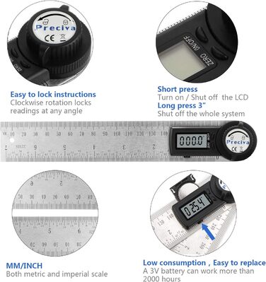 Транспортир Preciva, цифровий фіксуючий скіс Preciva, діапазон вимірювання 000,0 999,9 , деревообробна лінійка з нержавіючої сталі, домашнє завдання - 400 мм / 14 дюймів