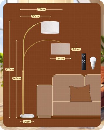 Торшер для вітальні, світлодіодний торшер з пультом дистанційного керування, плавне регулювання яскравості та колірної температури, регулювання висоти 143-176 см, поворотна головка лампи, торшер E27 золотий