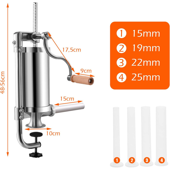 Інструкція з наповнювача ковбаси, шприц для ковбаси з 4 трубками для наповнення, машина для наповнення ковбас з нержавіючої сталі та алюмінію, ковбасний прес з ручною рукояткою та настільним затиском, срібло (3L) 3,0 л, 4LIFE