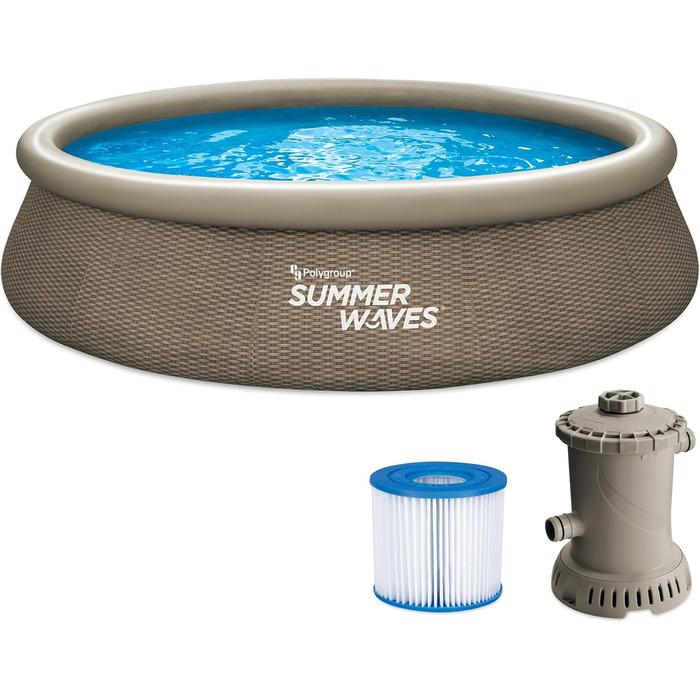 Повний набір Summer Waves Quick Up Pool Круглий 396x84 см Ротанг вигляд Коричневий набір наземних басейнів Садовий басейн і плавальний басейн, включаючи фільтруючий насос і фільтрувальний картридж