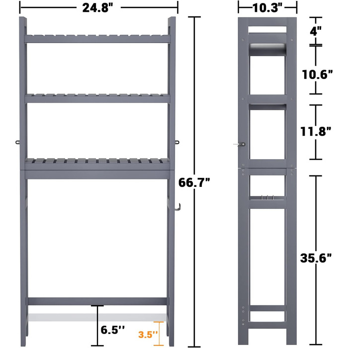 Туалетний тримач, бамбуковий, 3-рівневий, компактна полиця, органайзер, стійкий, окремо стоячий над унітазом тримач з 3 гачками для ванної, туалету, пральні, синьо-сірий 10.3'D x 24.8'W x 66.8'H Сірий