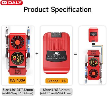 Паралельний модуль DALY BMS 1 A з вентилятором Smart BMS LiFePo4 8S 24 В 250 А та портом CAN, Smart BMS Bluetooth ключ для літієвих акумуляторів 3,2 В, інвертор, ДБЖ та домашня система зберігання (Lifepo4 15S 48V CAN BT, 400A вентиляторпаралельний Module1