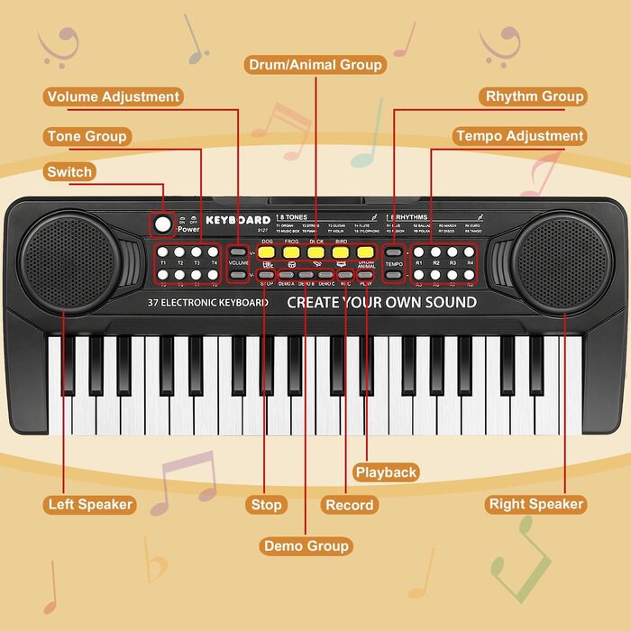 Електронна клавіатура для дітей від 3 4 5 6 7 8 років, міні 37-клавішне дитяче піаніно з мікрофоном, музична освіта, вступне навчання музиці, подарунки для хлопчиків/дівчаток/початківців 9127BK