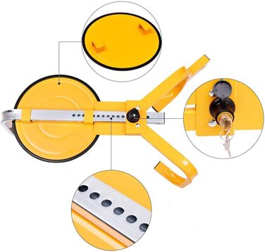 Сталевий колісний кіготь, Кіготь шини з присоскою, ідеально підходить для шин шириною 13-15 дюймів і максимум 220 мм, паркувальний кіготь, протиугінний іммобілайзер, для автомобілів, автомобілів, причепів, караванів, жовтий, 4LIFE