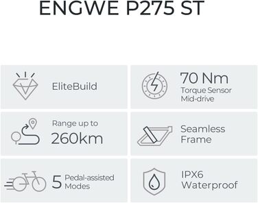 Чоловічий гірський велосипед ENGWE E Bike, запас ходу Ebike 260 км на акумуляторі 36 В 19.2 Ач, середній двигун E-Bike 250 Вт Макс. 25 км/год, електричні велосипеди 27.5 * 2.4-дюймові шини, приміський електричний велосипед для дорослих P275 Black P275 ST