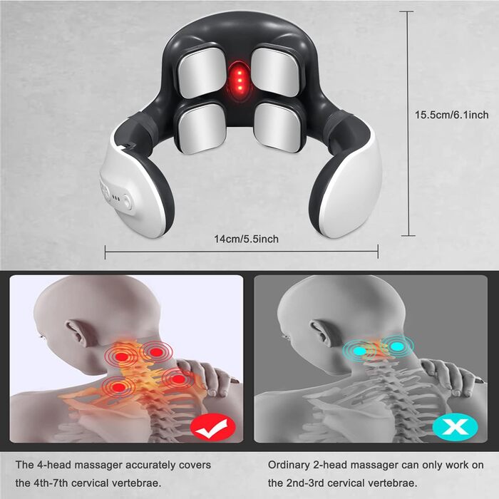 Масажер для шиї, інтелектуальний масажер для шиї з нагріванням, 6 режимів, 18 рівнів інтенсивності, бездротовий портативний електричний масажер для шиї для полегшення болю, для дому, офісу, подорожей