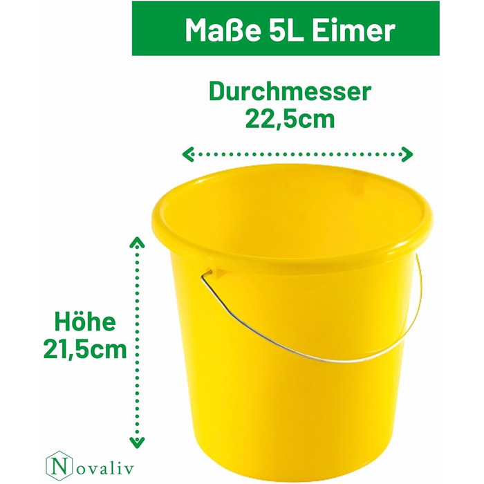 Відро 5 л жовте зі шкалою - Відро для прибирання 5 л 22,5 см Практичне універсальне відро зі шкалою для дому та саду ідеально підходить як господарське відро, відро для води, відро для швабри, відро 4 5 літрів жовтого кольору, 4 шт.