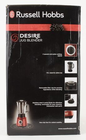 Міксер Russell Hobbs скляний контейнер 1,5 л Desire Red (потужний двигун 0,9 к.с., функція імпульсу/подрібнення льоду, ніж з нержавіючої сталі, блендер без бісфенолу А, електричний подрібнювач, смузі-машина) 24720-56