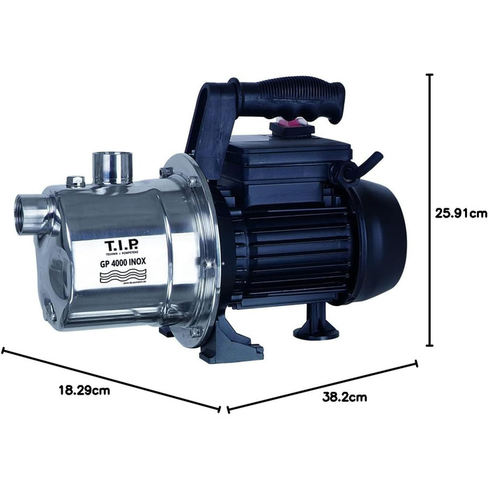 Садовий насос T.I.P. з нержавіючої сталі (продуктивність 4000 л/год, напір 42 м, тиск 4,2 бар, потужність 800 Вт, самовсмоктування, струменева гідравлічна система, захист від теплового перевантаження, ергономічна ручка) GP 4000 INOX, 31371 Продуктивність 
