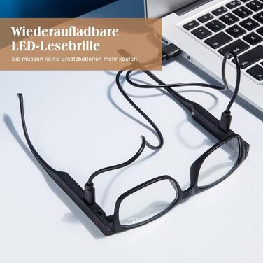 Окуляри для читання OKH зі світлом, лінзою проти синього світла, акумуляторні яскраві світлодіодні зчитувачі USB для чоловіків і жінок квадратні 1,5 діоптрії