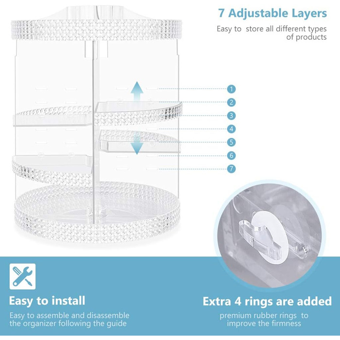 Обертовий акриловий органайзер для макіяжу для зберігання косметики 7 регульованих рівнів Багатофункціональна коробка для зберігання косметики підходить для комода, спальні, ванної кімнати Clear 15 дюймів, 360