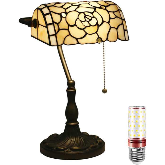 Настільна лампа Uziqueif Retro Tiffany Style/Banker Lamp - Настільна лампа E27 з перемикачем і 1 лампочкою, сплавна основа - для офісу, дому, вітальні, спальні, їдальні, троянди a