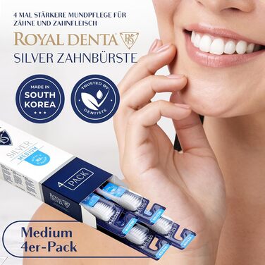 Зубні щітки Royal Denta Silver Medium 4 Pack - щетина подвійної довжини для чищення міжзубних проміжків, антибактеріальні частинки срібла, видалення зубного каменю, середньої сили, багатобарвна