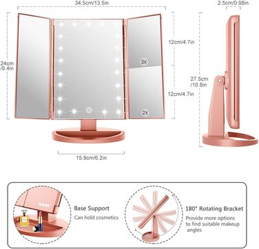 Дзеркало для макіяжу WEILY з підсвічуванням, складне косметичне дзеркало зі збільшенням /2X/3X, дзеркало для макіяжу з сенсорним підсвічуванням, настільне дзеркало з підтримкою USB та батареєю (рожеве золото)