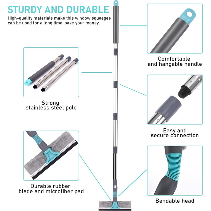 Склоочисник з телескопічною ручкою - професійний ракель для вікон 2 в 1, телескопічний засіб для миття вікон від 90 до 200см Набір для миття вікон Засіб для миття скла для високих внутрішніх і зовнішніх вікон, душового скла