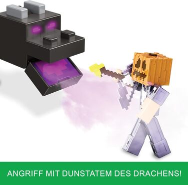 Набір фігурок Mattel Minecraft Ендер Дракон, світло, звуки та дим зі Стівом та Ендерменом, точнісінько в масштабі до фігурок заввишки приблизно 8 см HTN25