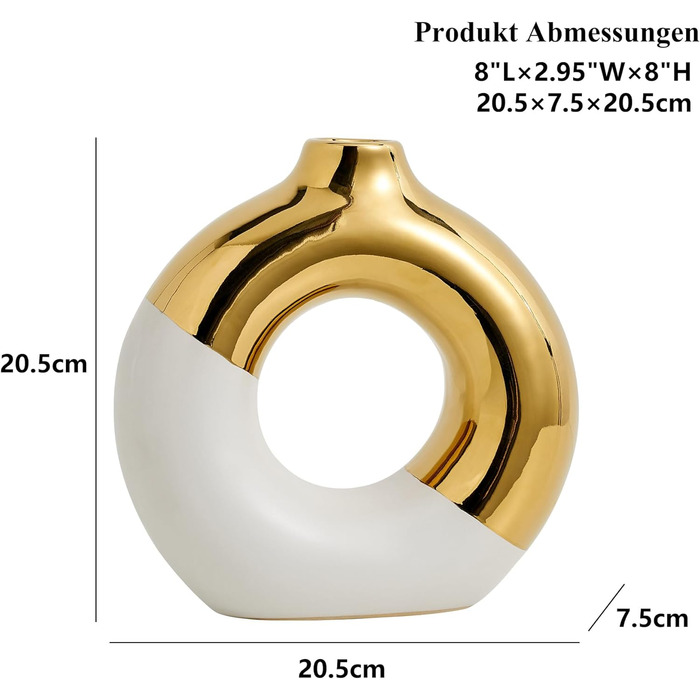 Керамічна ваза для пончиків, 20.5L x 20.5H см, біло-золота кругла ваза для трави пампаси, скандинавські сучасні вази для декору, керамічні вази для весілля, спальні, вітальні, журнального столика, офісу великого розміру (20см х 20см Біло-золотий