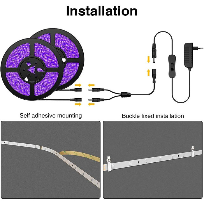 Чорна світлова стрічка Onforu 10M, УФ-світлодіодна стрічка з блоком живлення, гнучка стрічка 12 В 600 світлодіодів, самоклеюча 2835 світлова стрічка УФ-лампа, світлова стрічка чорне світло для вечірки, бару, неонових кольорів, клубу, дискотеки, прикраси