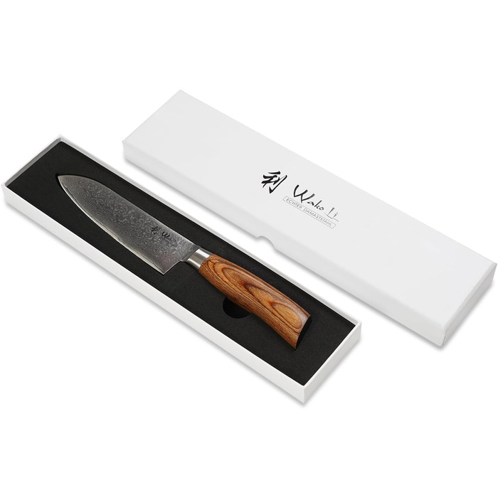 Дамаський ніж Wakoli EDIB Pro Santoku Лезо 16 см I висока продуктивність різання Стійкі та довговічні леза 67 шарів дамаської сталі ергономічна дерев'яна ручка пакка I унікального дизайну