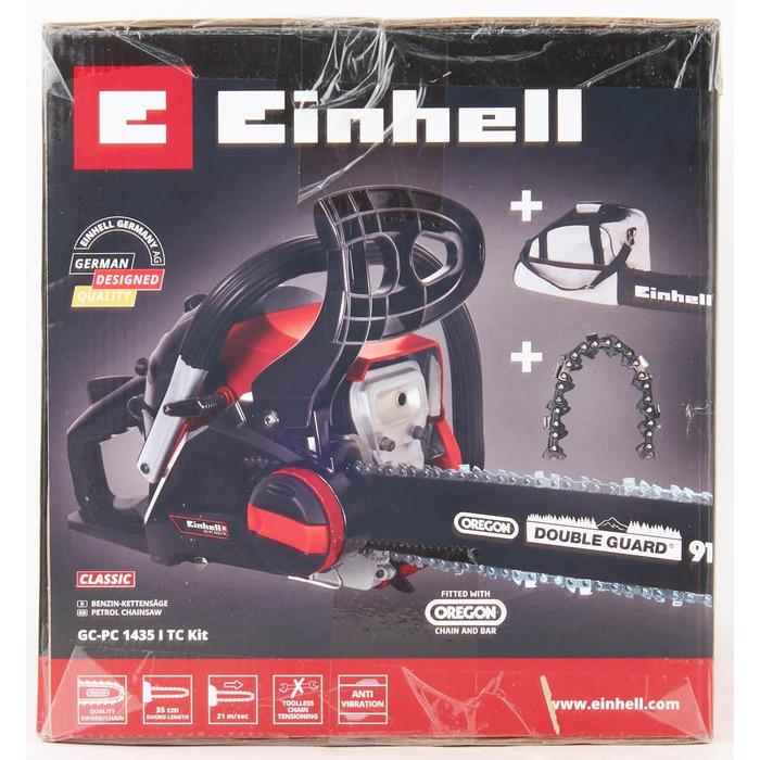 Бензинова бензопила Einhell GC-PC 1435 I TC Kit (1400 Вт, 41 см, пильний ланцюг OREGON та якісна шина 35 см, захист від віддачі з миттєвим гальмом ланцюга, натяг та заміна ланцюга без інструментів)