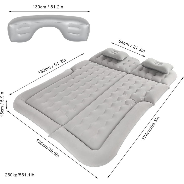 Автомобільний надувний матрац Kuuleyn, портативний автомобільний туристичний матрац, надувний матрац 12v Inflator Pump електричний з рухом флокировочной поверхні для позашляховика mpv rv (сірий) сірий